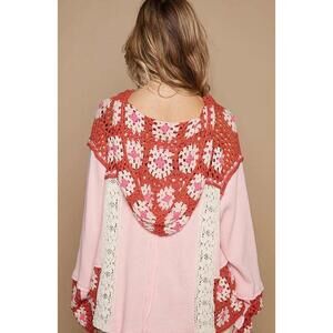 POL Boho Granny Square Crochet & Lace Thermal Hooded Top, NWOT